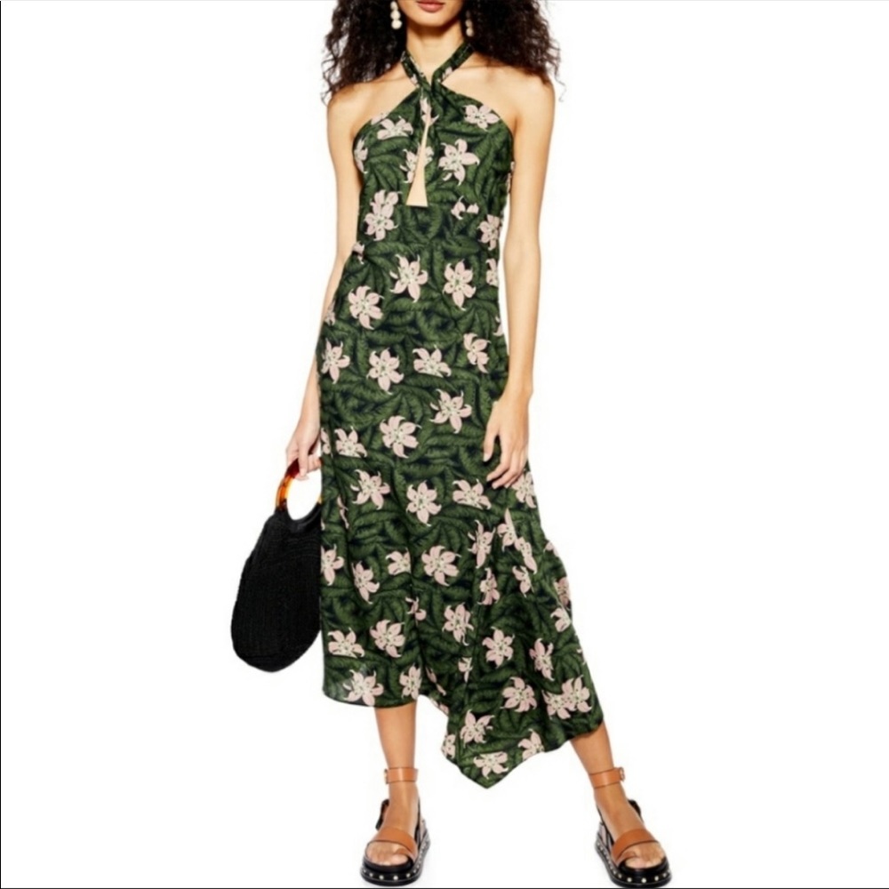 TopShop Hibiscus Floral Halter Neck Midi Dress
